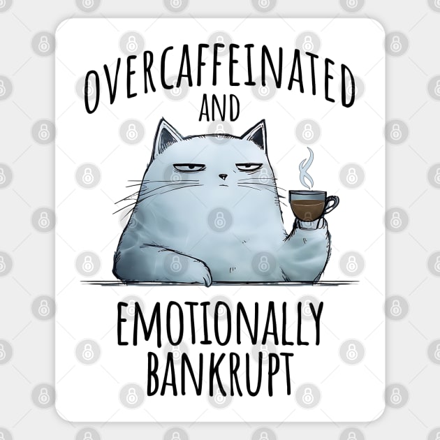 Overcaffeinated and Emotionally Bankrupt, funny sarcastic cat Magnet by Luxinda